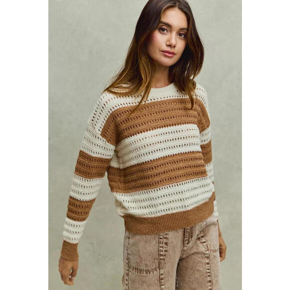 SO ME Openwork Round Neck Wide Stripe Textured Sweater - Picture 5 of 10